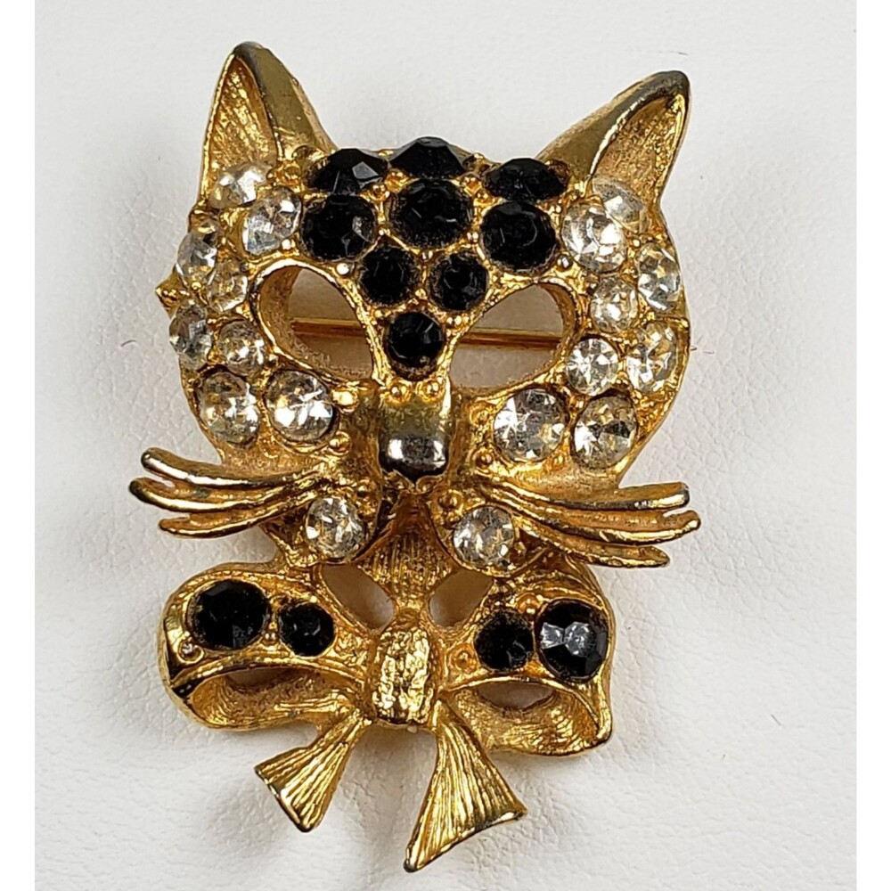 Vintage Signed Robert Rose Black Clear Rhinestone Crystal Cat Face Brooch